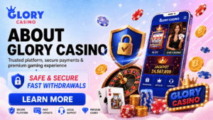 About Glory Casino banner with secure platform, fast payouts, premium games, casino chips and mobile app.