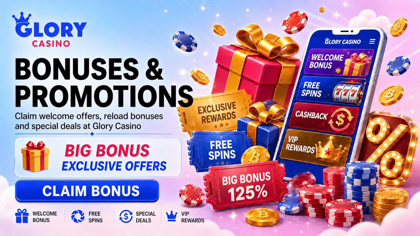 Glory Casino bonuses and promotions banner with welcome bonus, free spins, cashback, VIP rewards, gifts and casino chips.