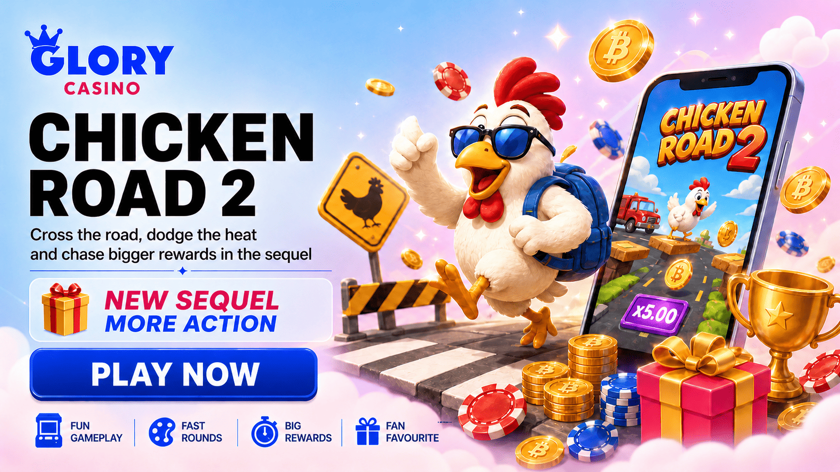 Chicken Road 2 casino game banner with cartoon chicken, road obstacles, rewards, coins, trophy and mobile game screen.