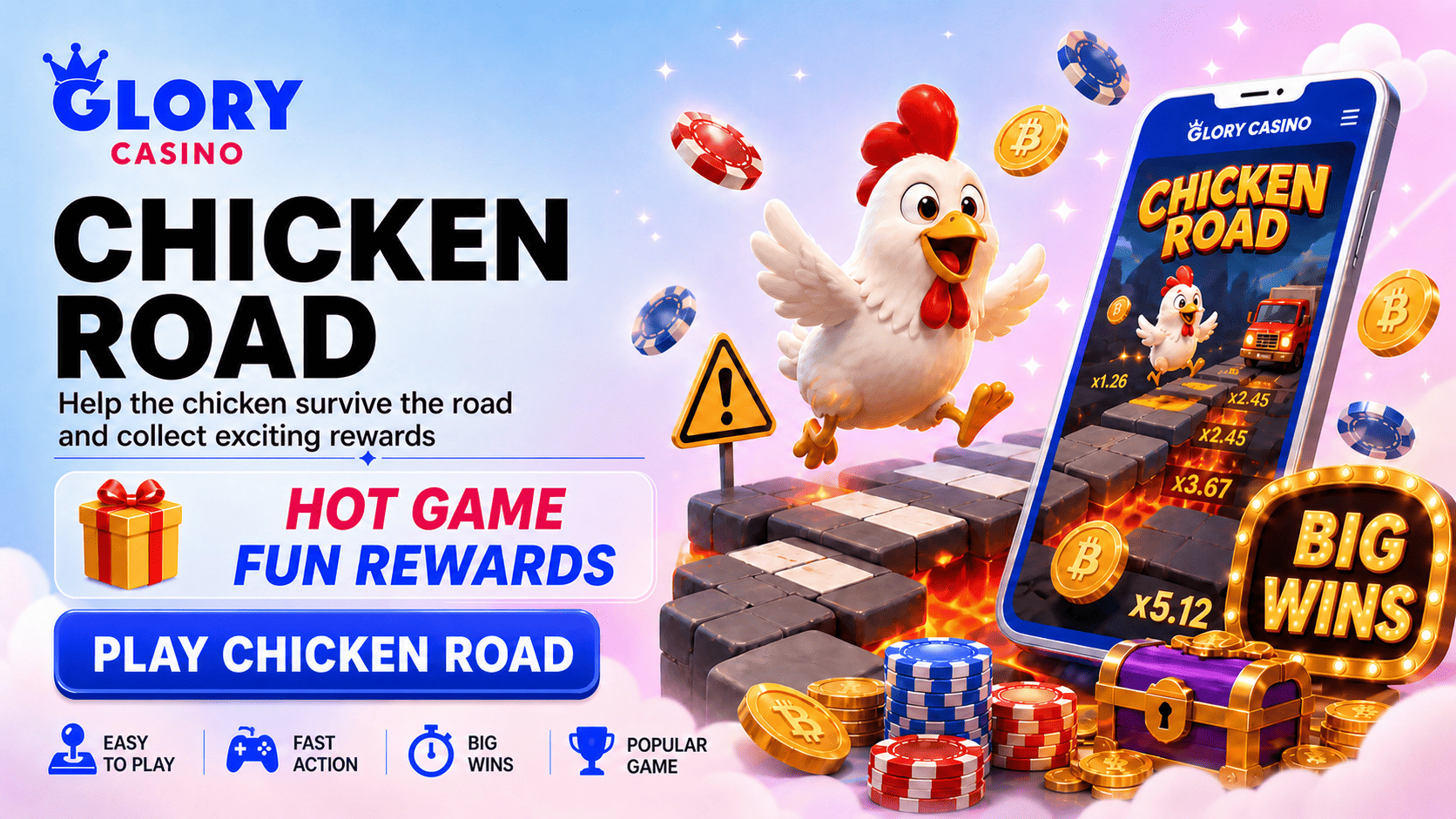 Chicken Road casino game banner with cartoon chicken crossing the road, fiery path, mobile screen, coins and big wins.