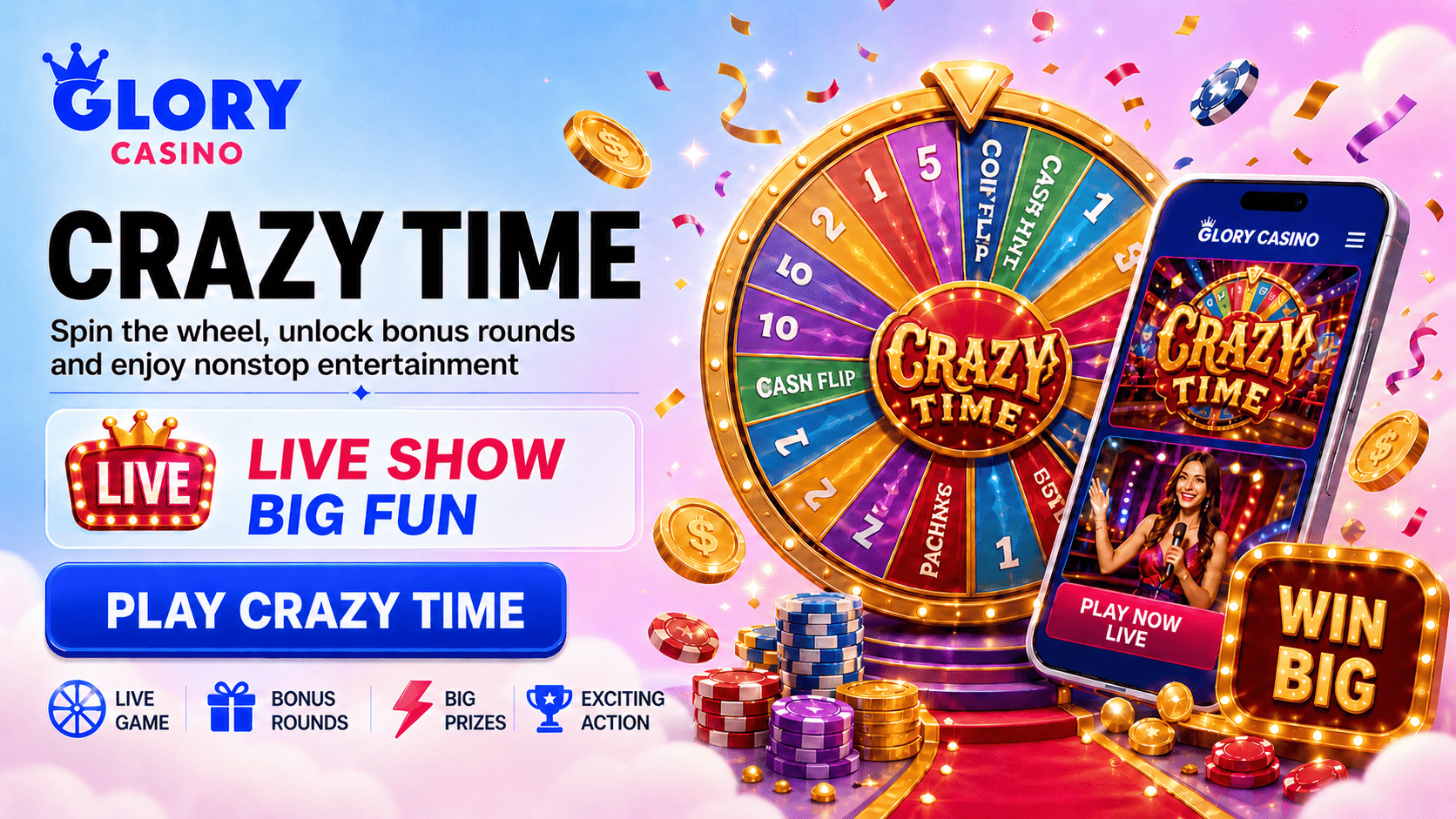 Crazy Time live casino banner with colourful prize wheel, live show host, bonus rounds, casino chips and win big sign.