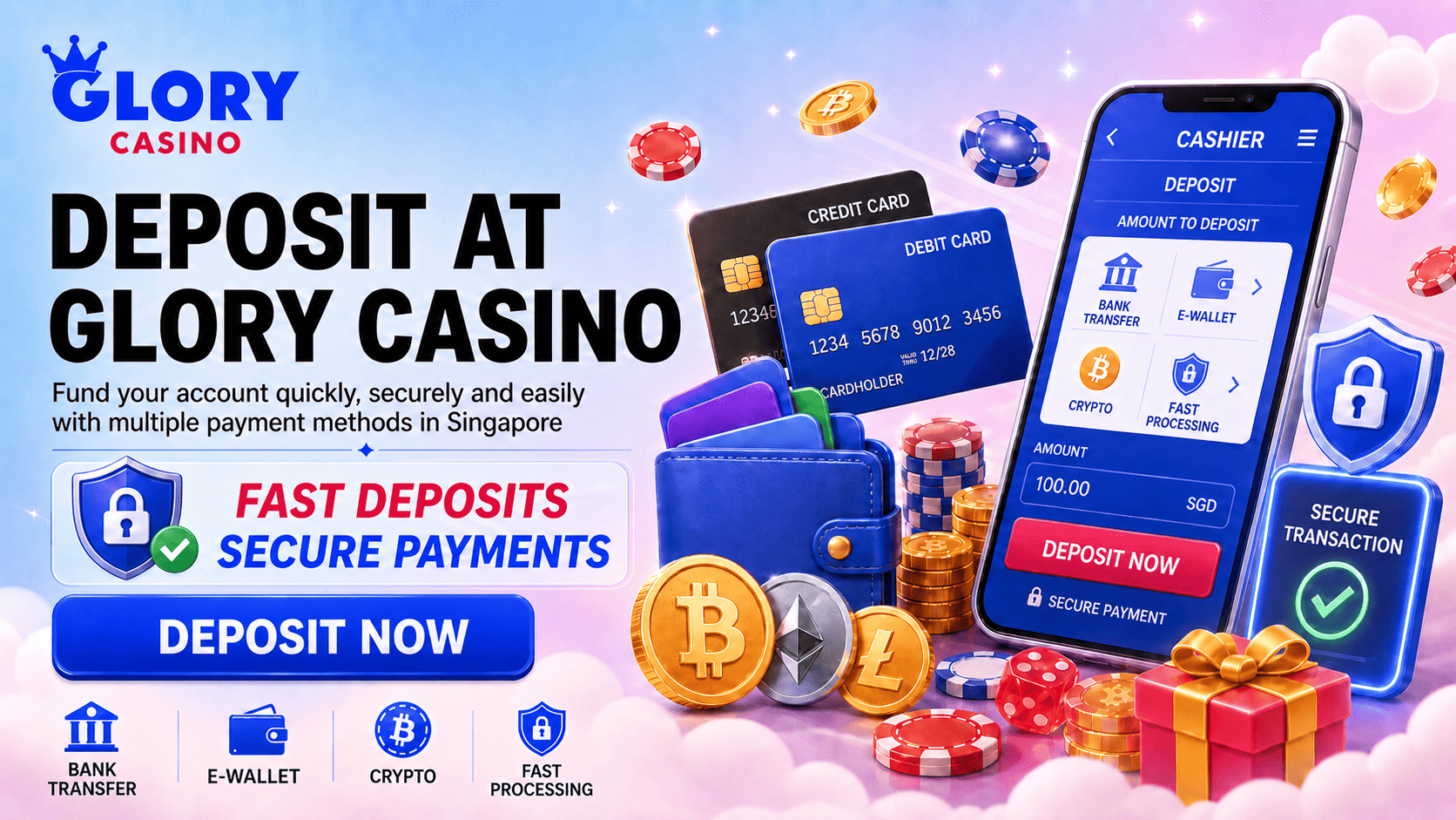 Glory Casino deposit banner with credit cards, e-wallet, crypto coins, secure transaction shield and SGD payment screen.