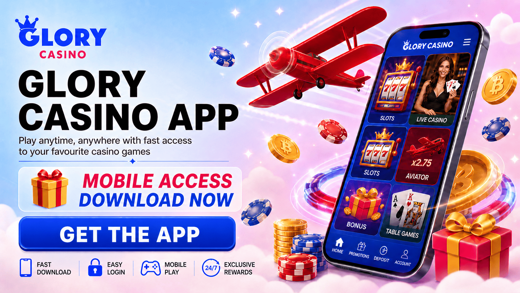 Glory Casino mobile app banner with slots, live casino, Aviator, table games, bonuses and fast mobile access.