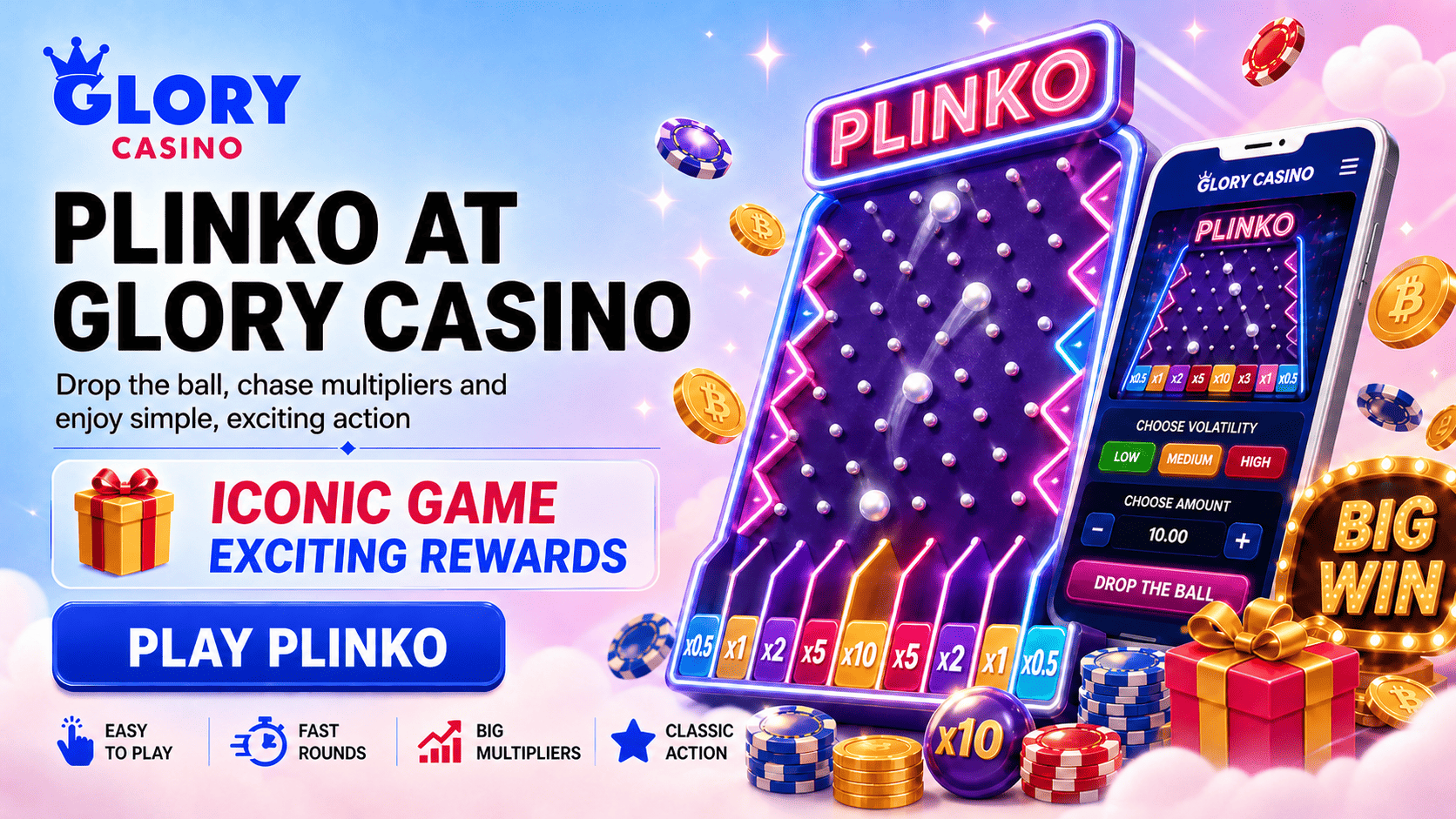 Plinko casino game banner with neon Plinko board, multipliers, mobile game screen, casino chips, coins and big win sign.