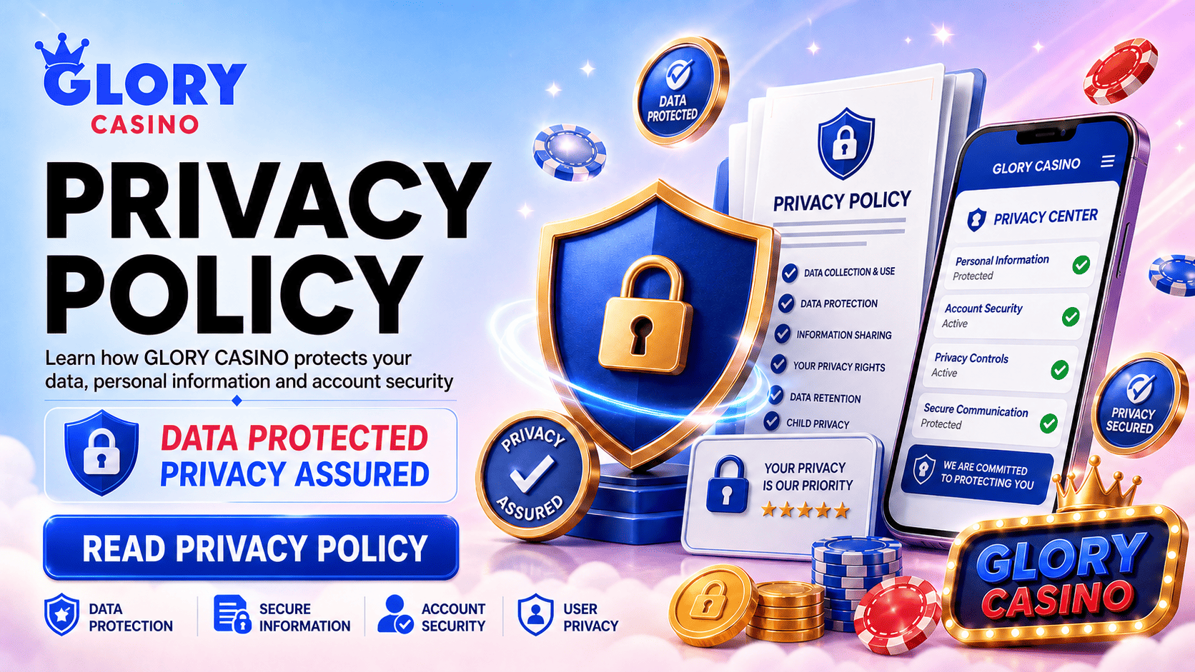 Glory Casino privacy policy banner with data protection shield, privacy documents, mobile privacy center and secure account icons.