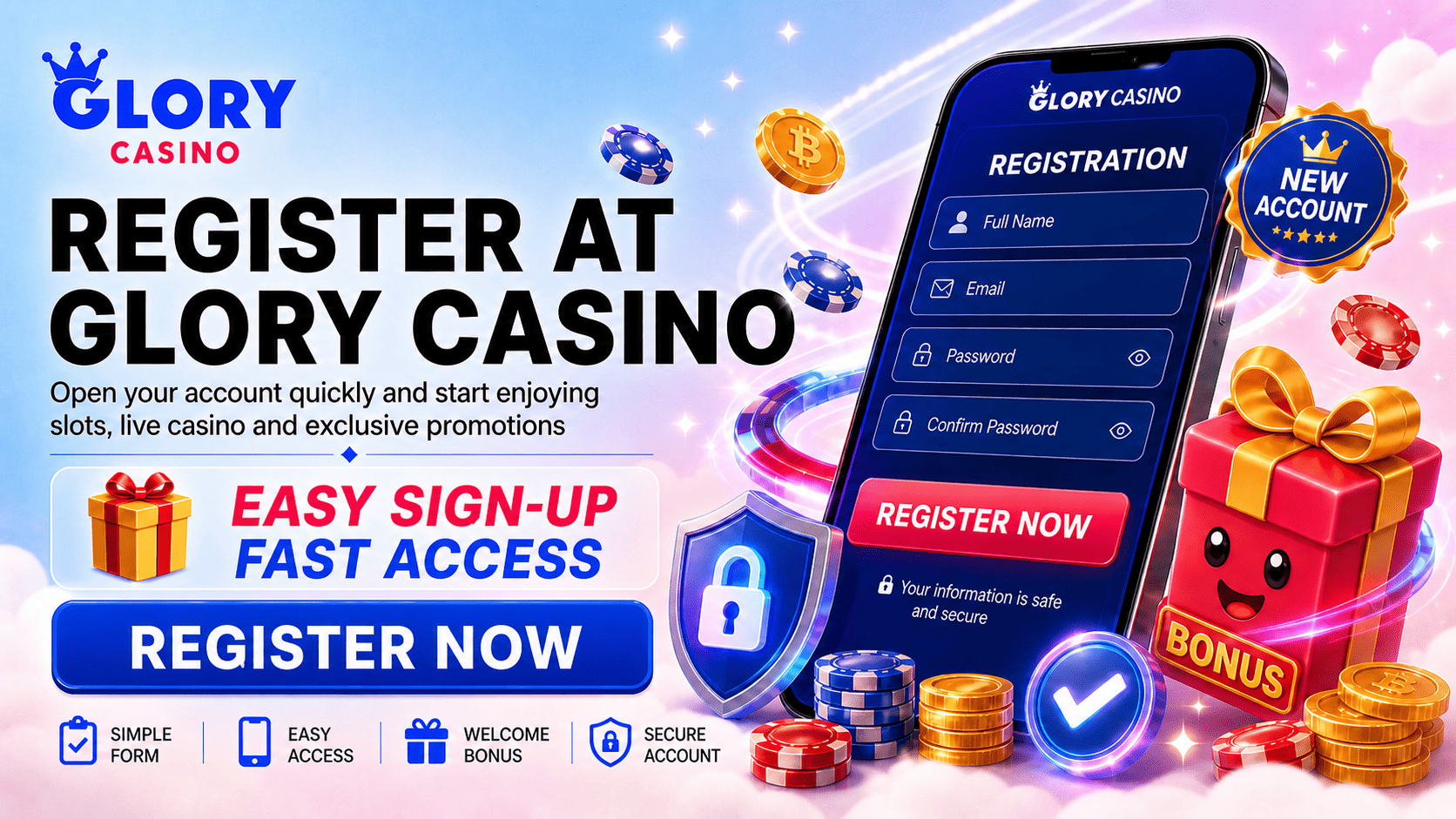 Glory Casino registration banner with mobile sign-up form, new account badge, gift box, security shield and register now button.