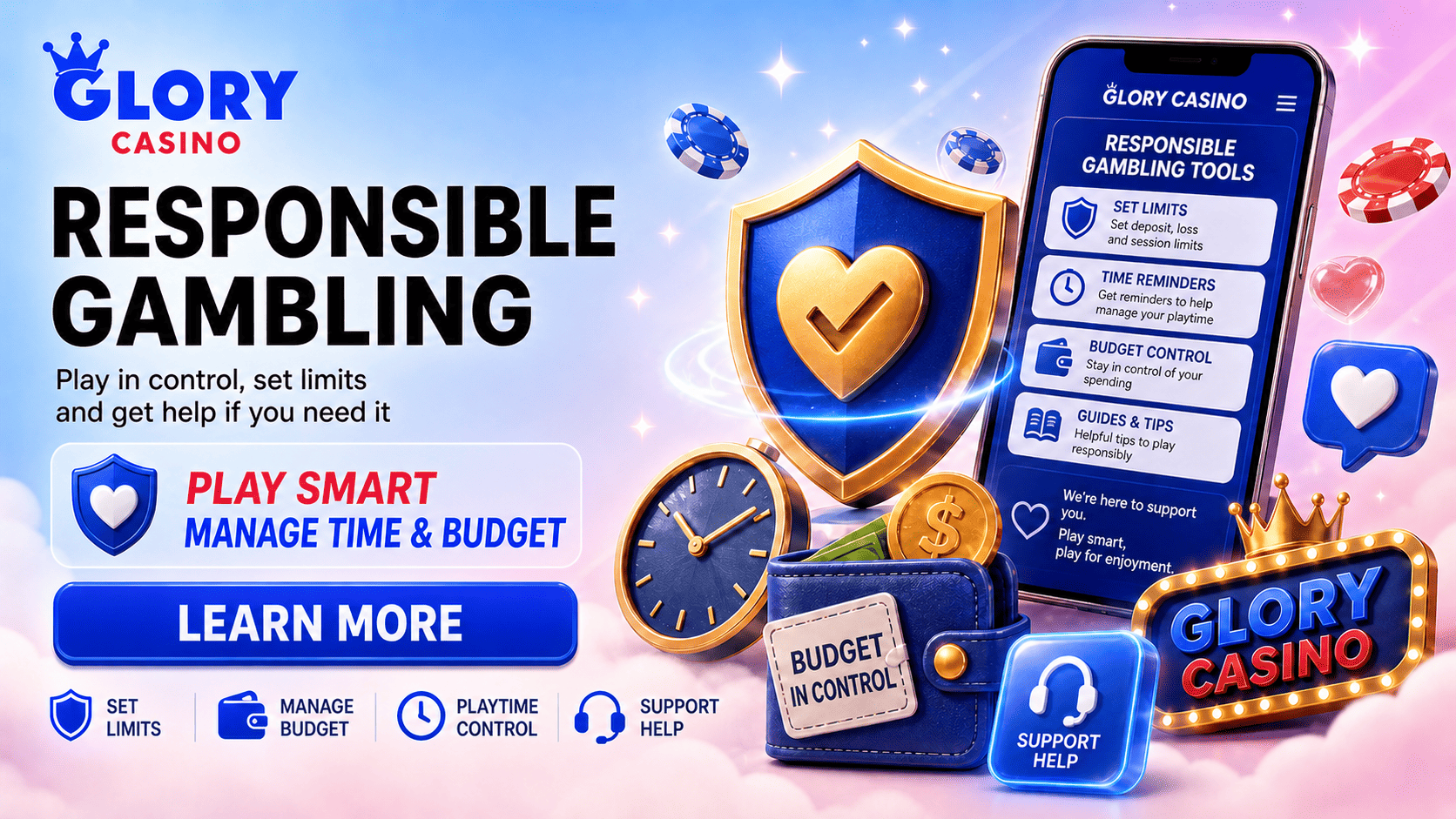 Glory Casino responsible gambling banner with shield, heart icon, budget control, time reminders and support help tools.