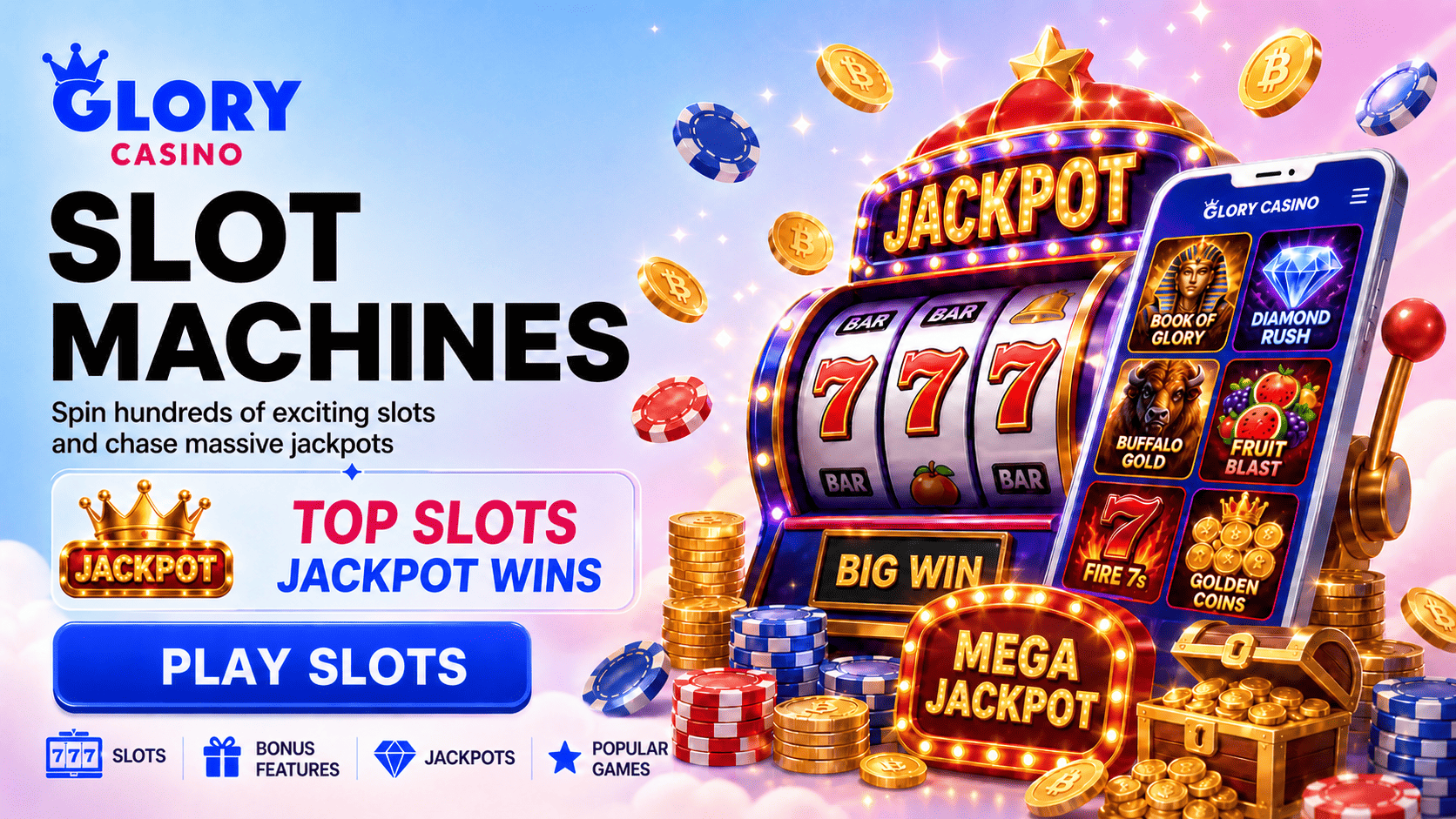 Glory Casino slot machines banner with jackpot slot, mobile slot games, casino chips, coins, treasure chest and mega jackpot sign.