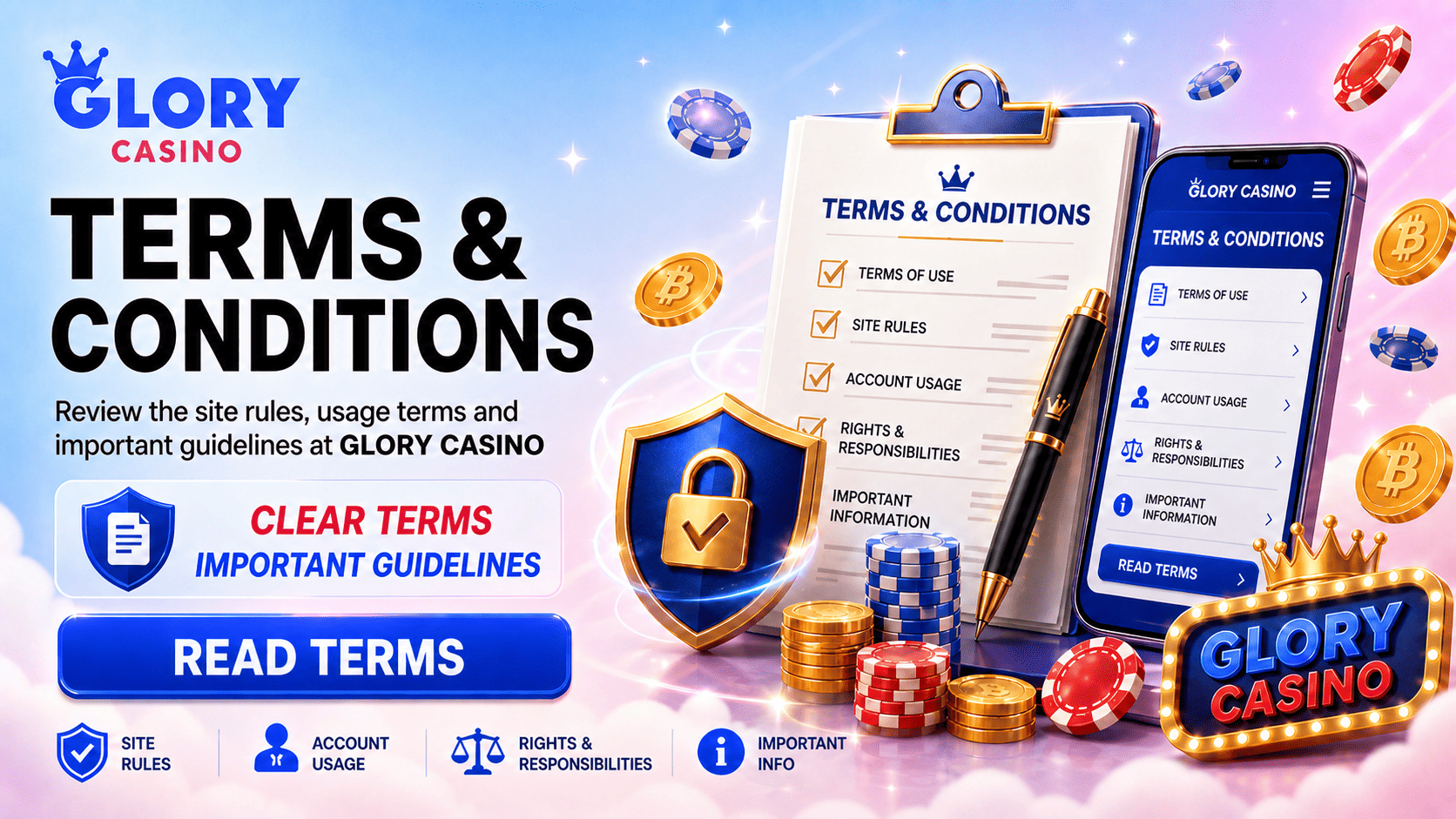 Glory Casino terms and conditions banner with checklist, pen, secure shield, mobile terms page and important guidelines.