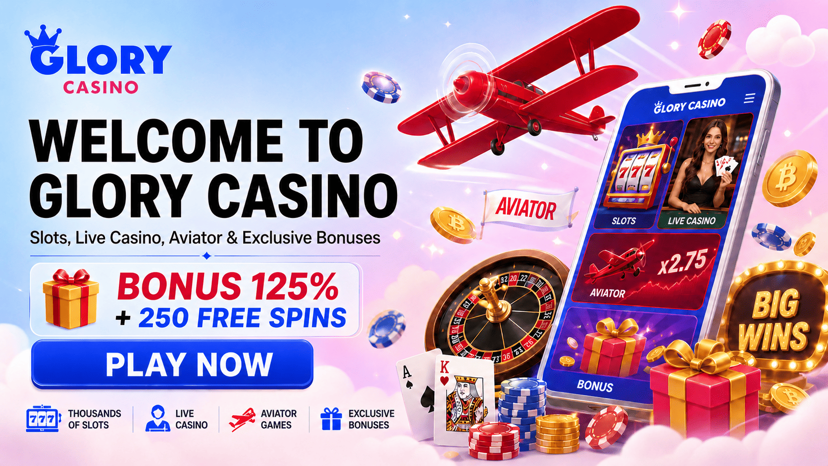 Glory Casino Singapore welcome banner with slots, live casino, Aviator, bonuses, chips and mobile casino app.